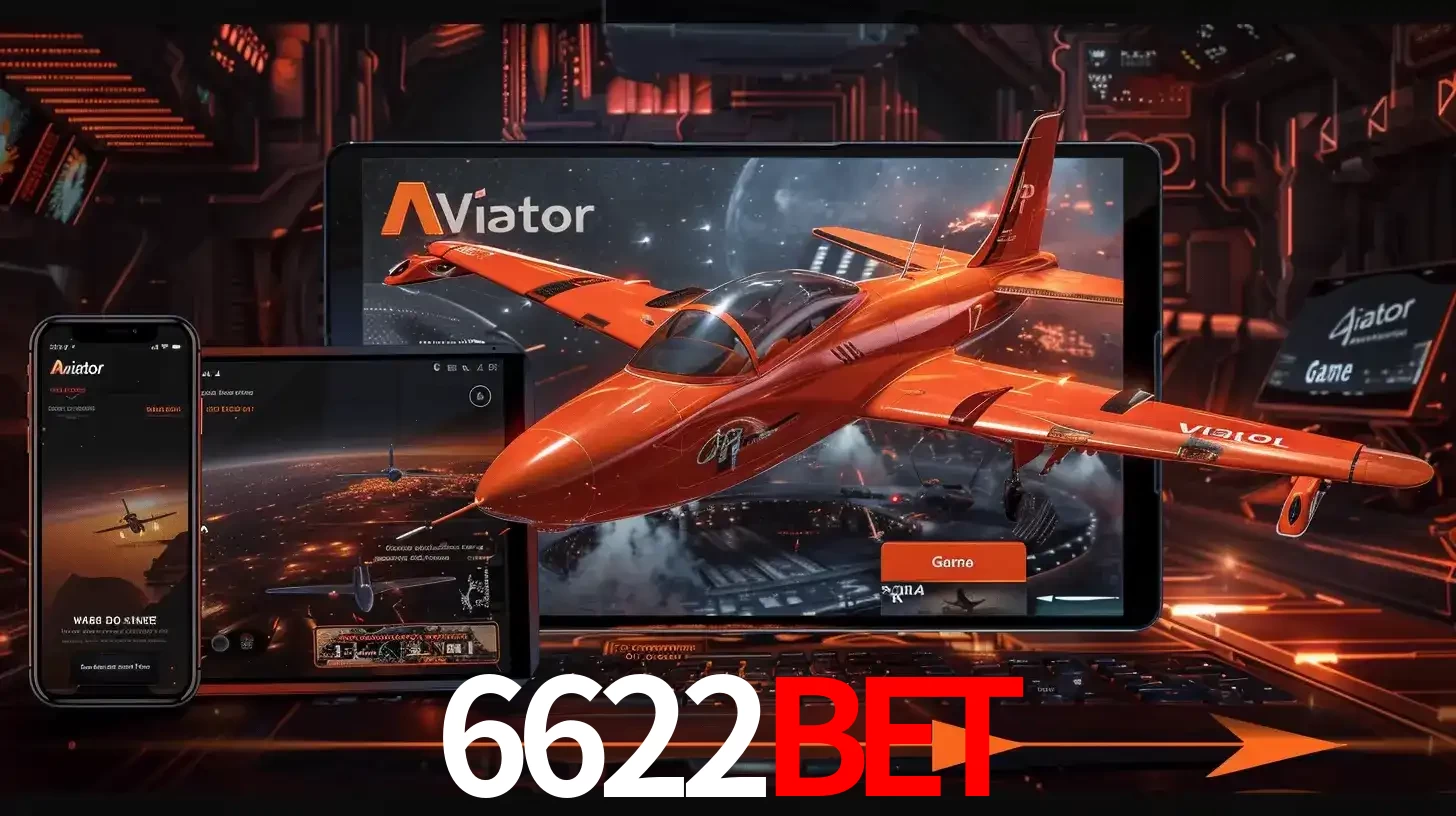 Apresentação tecnológica do jogo Aviator com um avião saindo da tela de um tablet, demonstrando a experiência imersiva em múltiplos dispositivos no 6622bet.