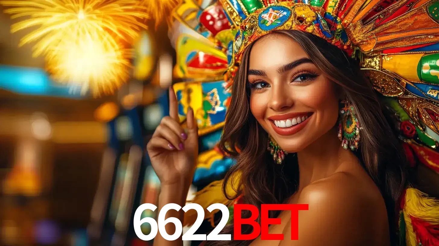 Mulher sorridente com um cocar de carnaval vibrante e colorido, celebrando uma grande vitória nos jogos do cassino 6622bet com fogos de artifício ao fundo.