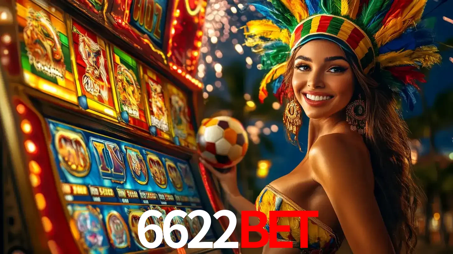 Mulher com um cocar de carnaval ao lado de uma máquina de caça-níqueis enquanto segura uma bola de futebol, mostrando a união da diversão de cassino e esportes no 6622bet.