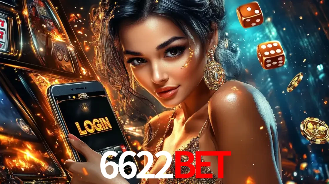 Mulher glamourosa segurando um celular com a tela de login do cassino 6622bet, rodeada por dados e moedas douradas, pronta para começar a diversão.
