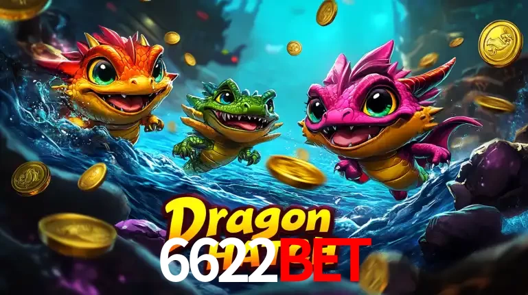Arte promocional do jogo Dragon Hatch com três adoráveis dragões bebês nadando entre moedas de ouro, um dos slots mais divertidos para jogar no cassino 6622bet.