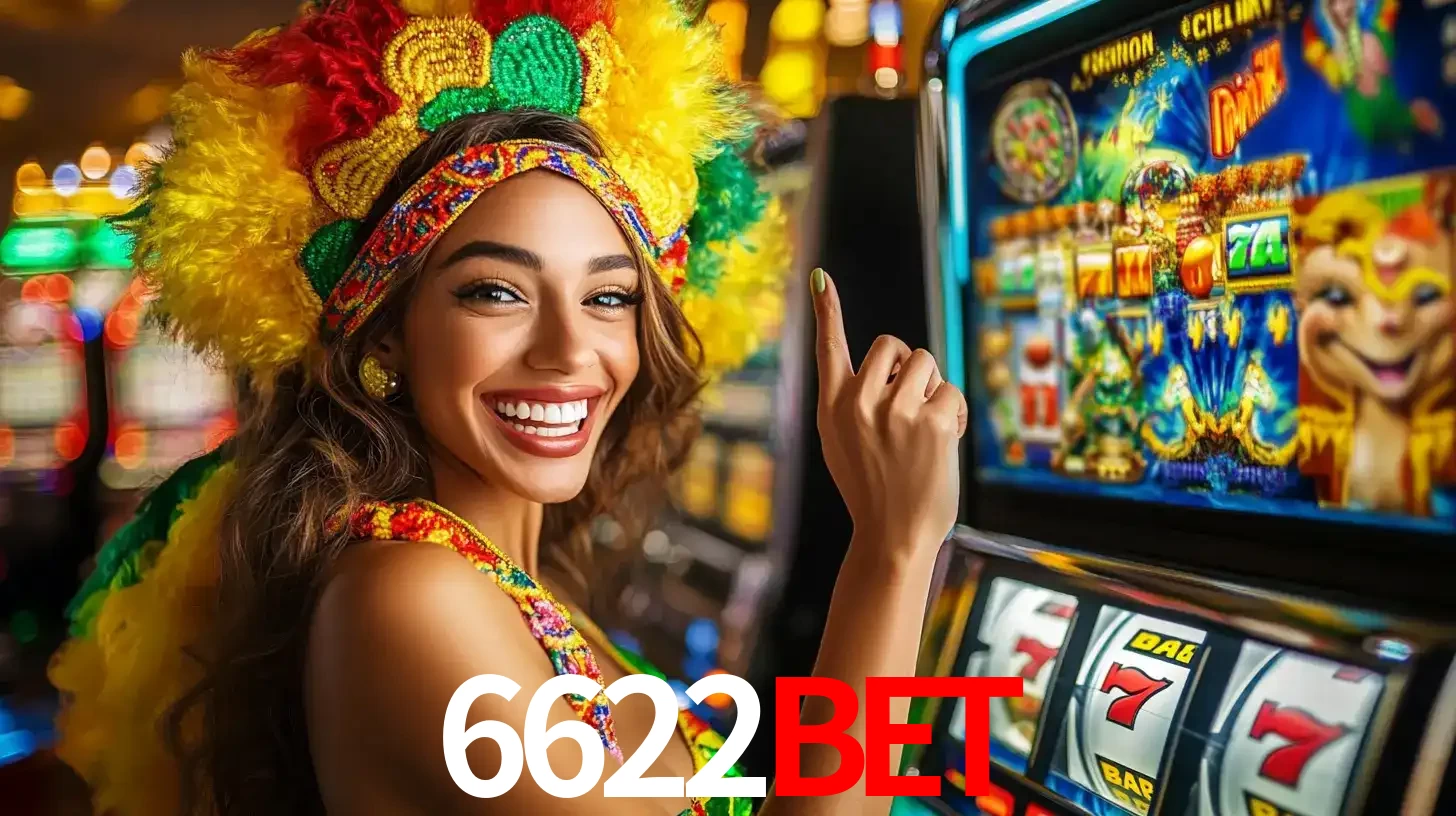 Mulher animada com um cocar de carnaval apontando para uma máquina de caça-níqueis, mostrando a emoção de ganhar um grande prêmio nos jogos do 6622bet.