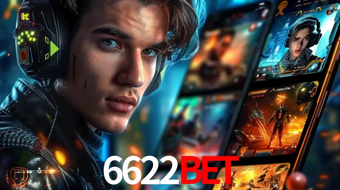 Jovem jogador com fones de ouvido olhando para a câmera, com um aplicativo de jogos e e-sports para celular ao fundo, pronto para a competição e apostas no 6622bet.