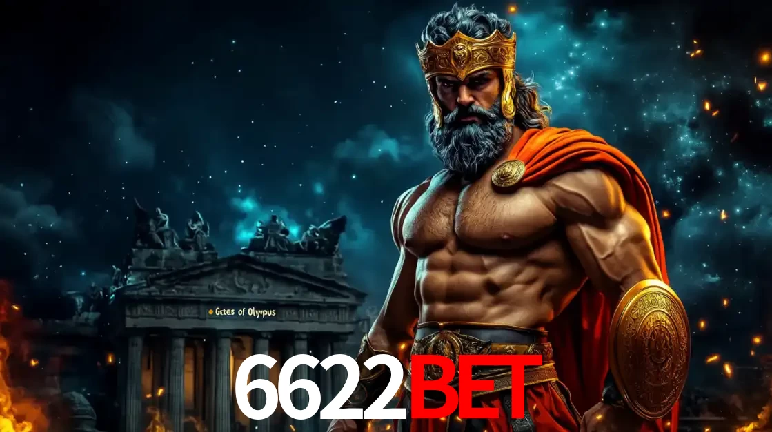 O poderoso Zeus do jogo de slot Gates of Olympus em frente ao seu templo, pronto para lançar multiplicadores divinos e prêmios épicos no cassino online 6622bet.