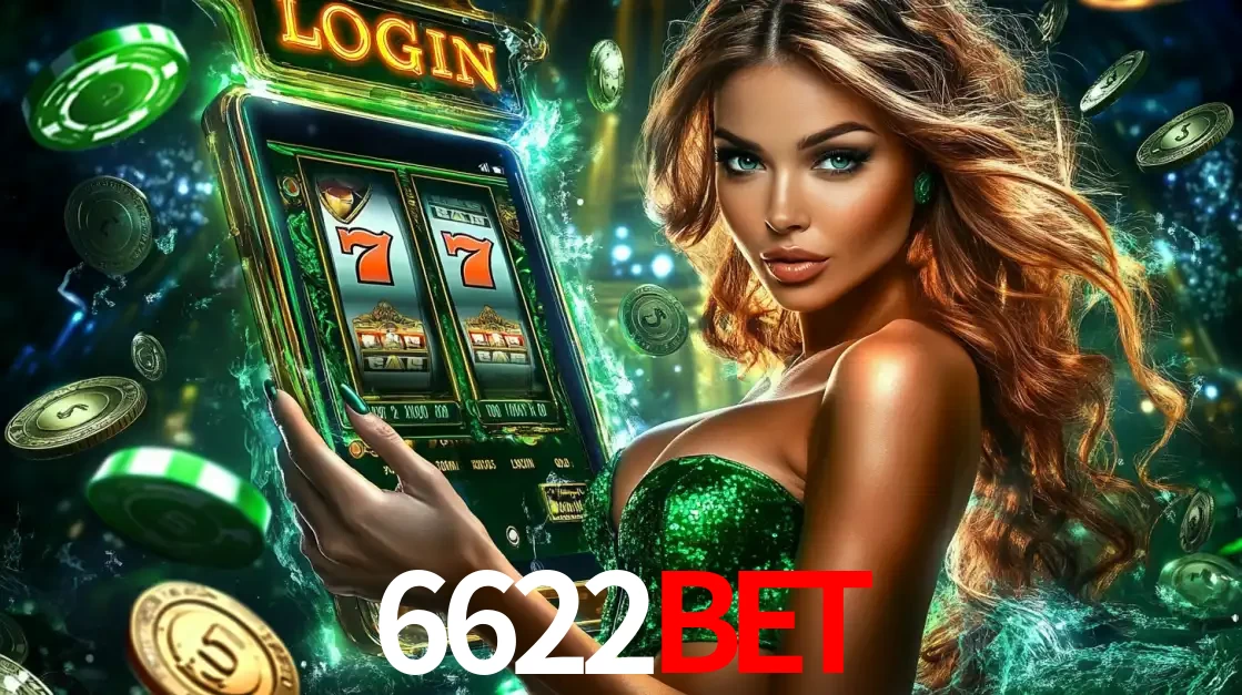 Mulher com tema verde apresentando o aplicativo do cassino 6622bet com um jogo de slot de 777, cercada por fichas de cassino e uma aura de sorte.