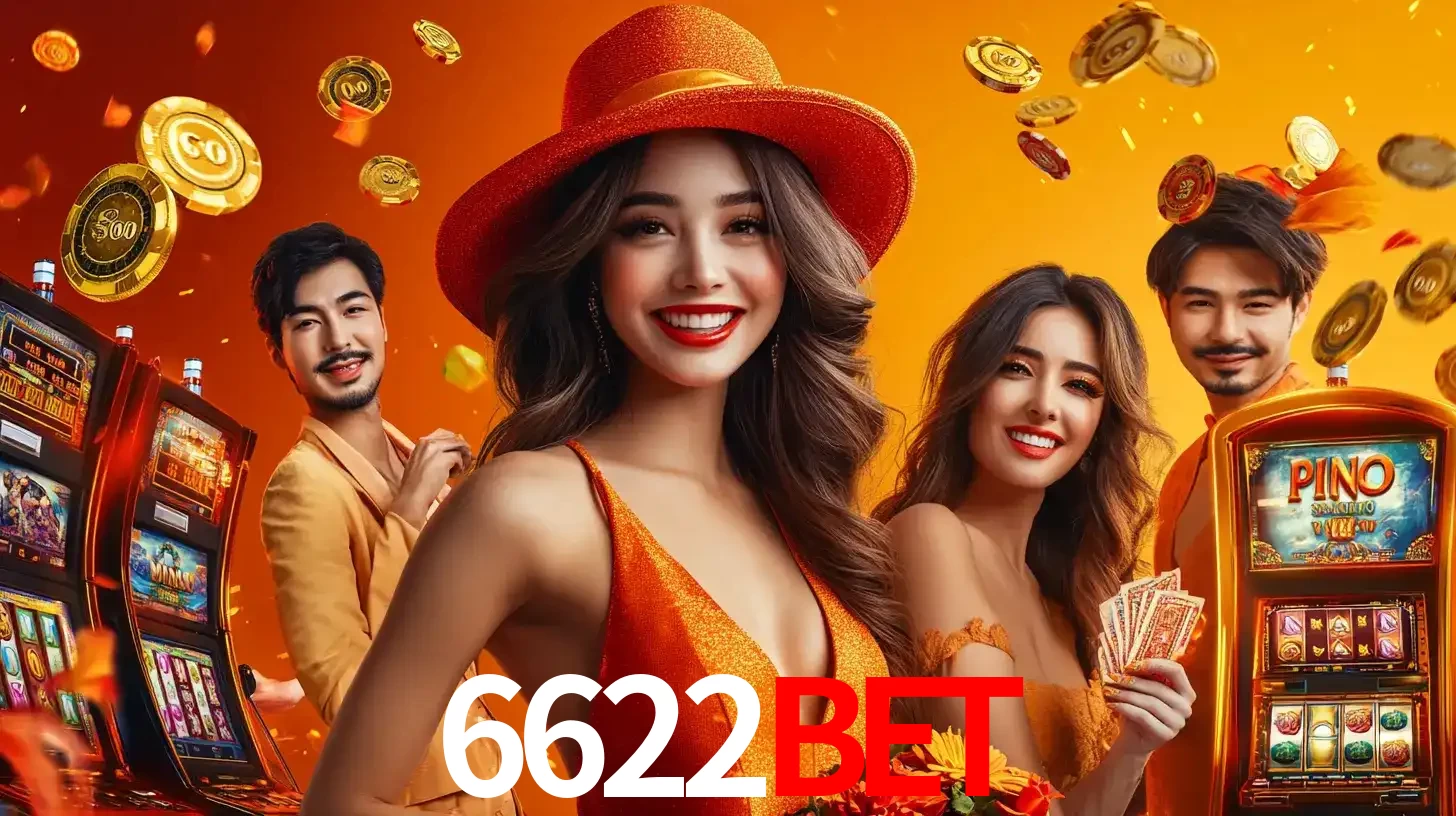 Grupo de amigos asiáticos sorrindo e se divertindo com máquinas de caça-níqueis em um ambiente festivo, celebrando suas vitórias nos jogos de cassino do 6622bet.