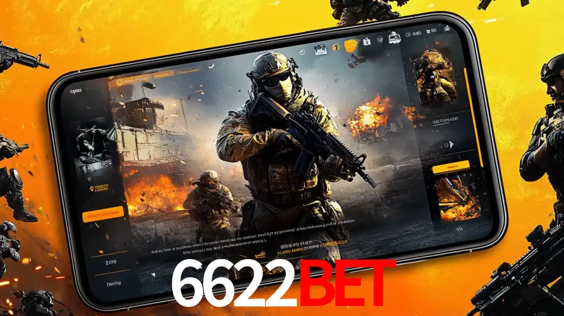 Um smartphone exibindo a interface de um jogo de tiro em primeira pessoa, com um soldado em um cenário de batalha, representando a ação dos e-sports para apostar no 6622bet.