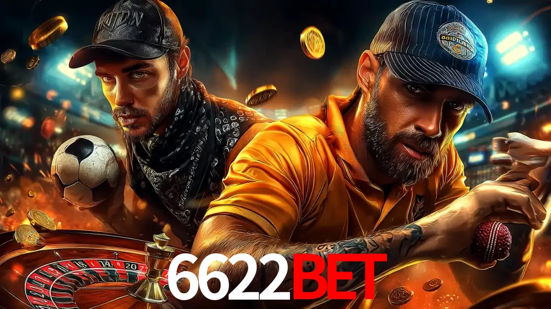 Montagem de apostas esportivas e cassino no 6622bet, com um homem segurando uma bola de futebol e outro uma de beisebol sobre uma roleta e moedas voadoras.
