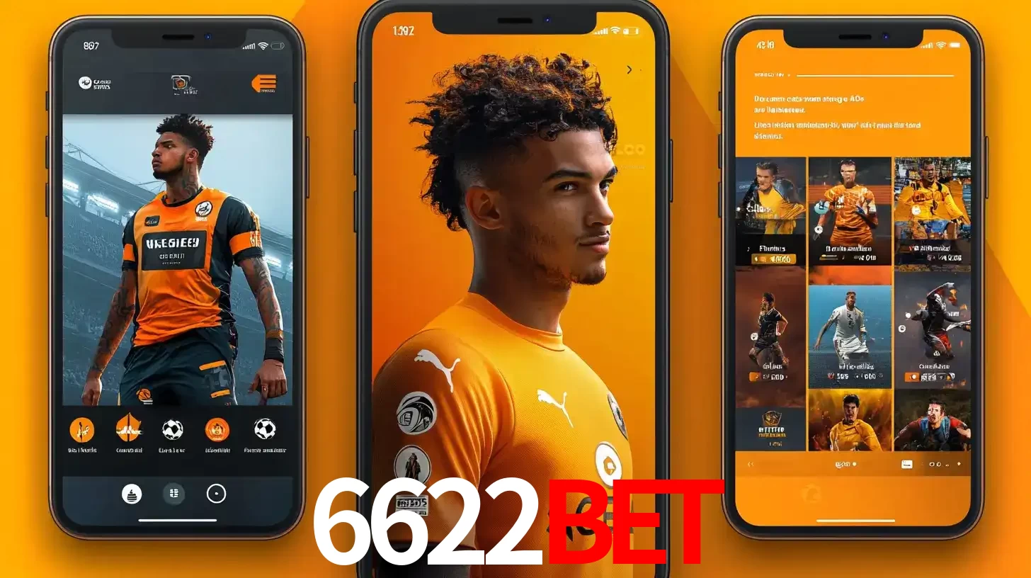 Interface do aplicativo de apostas esportivas 6622bet em três telas de celular, mostrando o perfil de um jogador de futebol e a lista de jogos disponíveis para apostar.