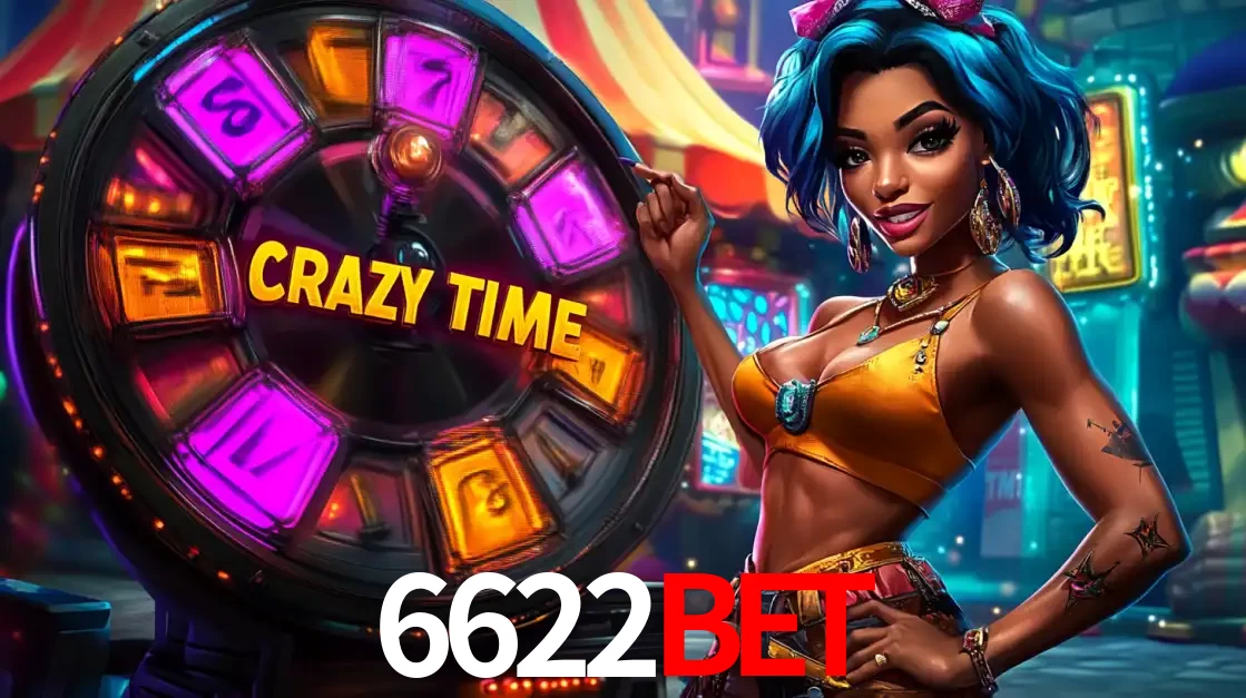 Mulher estilizada com cabelo azul e visual vibrante posando ao lado da roda de prêmios do game show Crazy Time, convidando para a diversão e os bônus do cassino 6622bet.