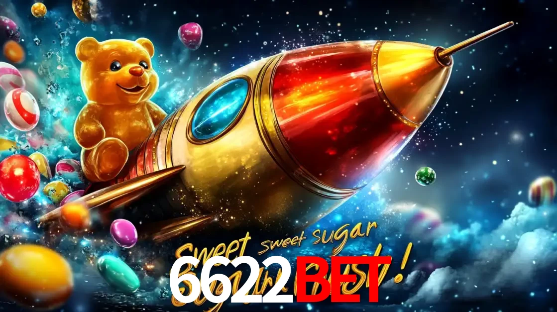 Arte promocional do jogo de slot Sugar Rush, com um urso de pelúcia em um foguete viajando pelo espaço de doces, um dos jogos divertidos disponíveis no cassino 6622bet.