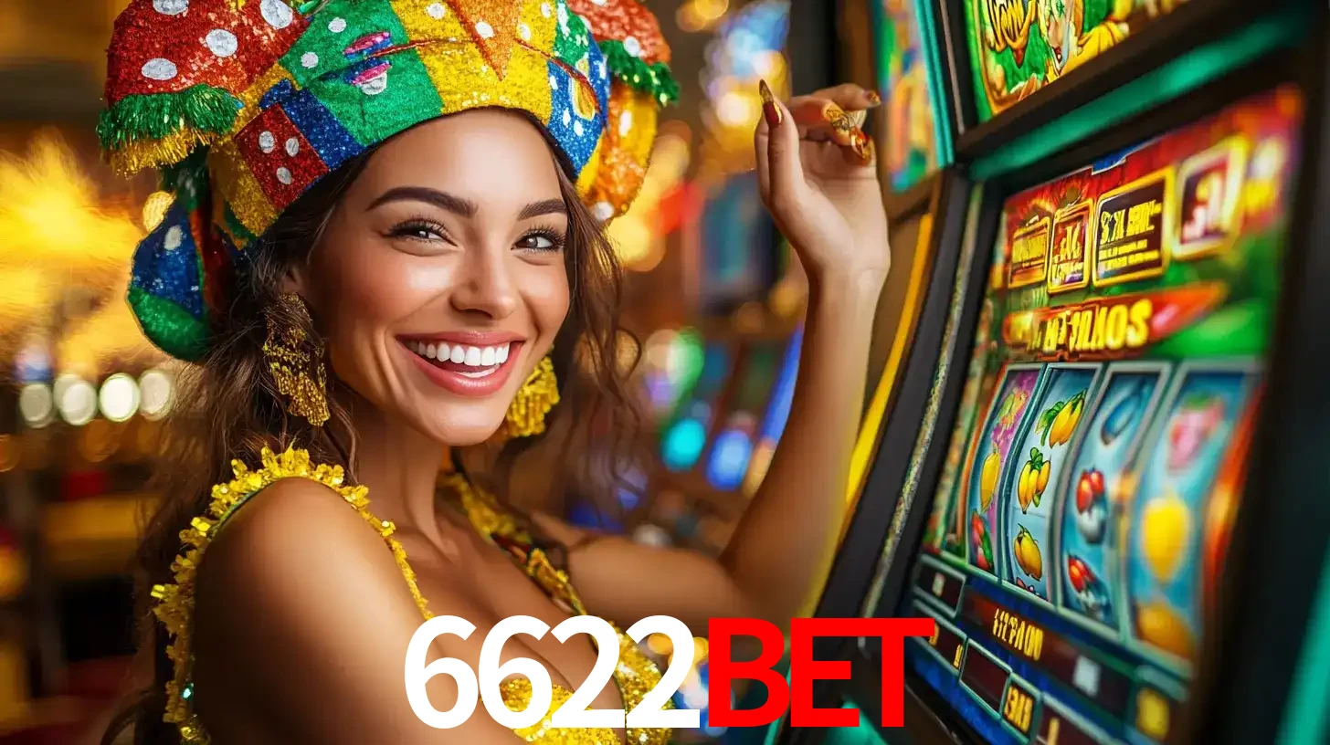 Mulher feliz com traje de carnaval amarelo e colorido ao lado de uma máquina de caça-níqueis, aproveitando a diversão e os jogos temáticos do cassino 6622bet.