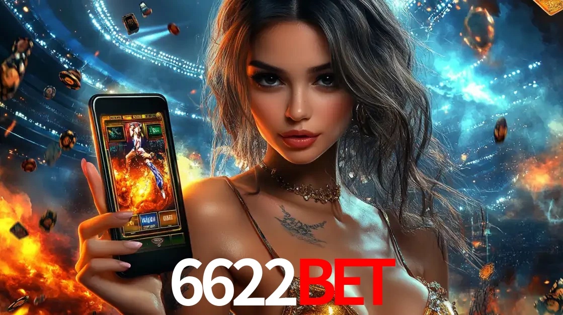 Mulher segurando um celular com um jogo de slot em destaque, tendo como fundo um estádio vibrante, simbolizando a emoção de jogar no cassino móvel 6622bet.