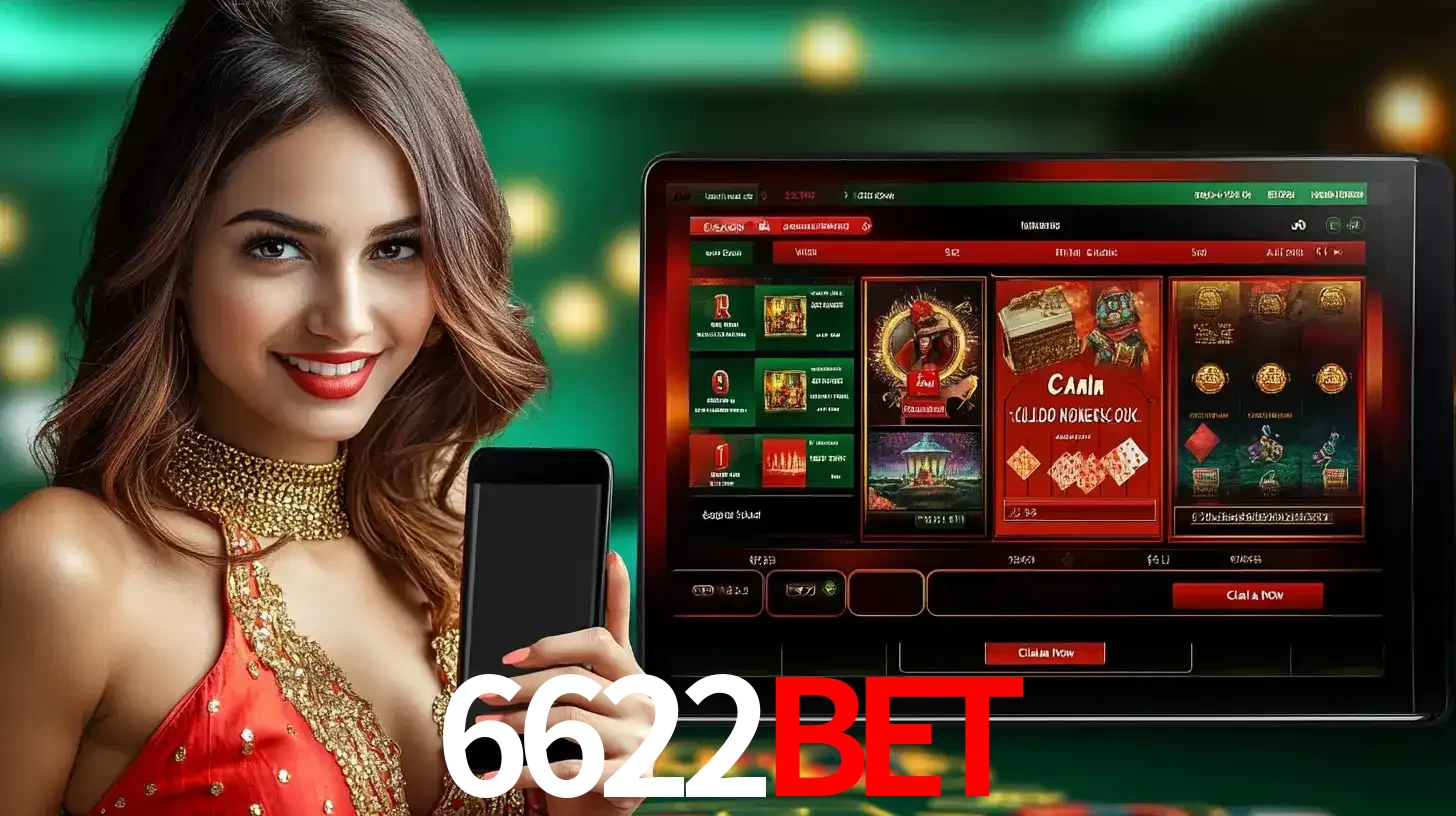 Mulher sorridente segurando um smartphone, ao lado de uma tela exibindo o lobby de jogos do cassino online 6622bet, com várias opções de jogos de cartas e slots.